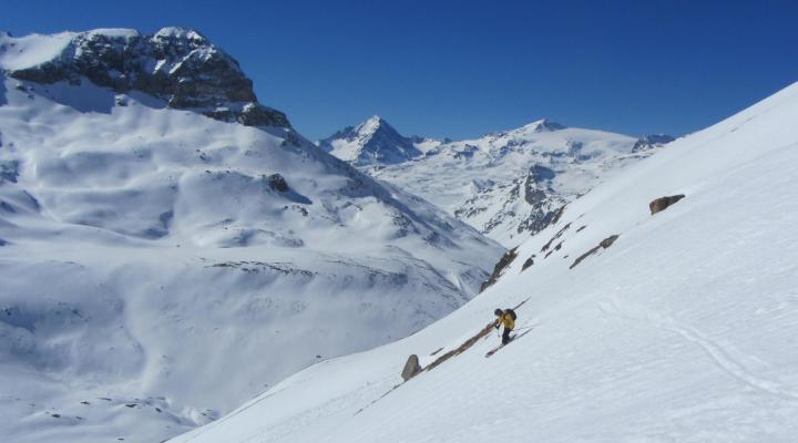 Hors piste à Tignes - les pentes en bas du couloir du 3500